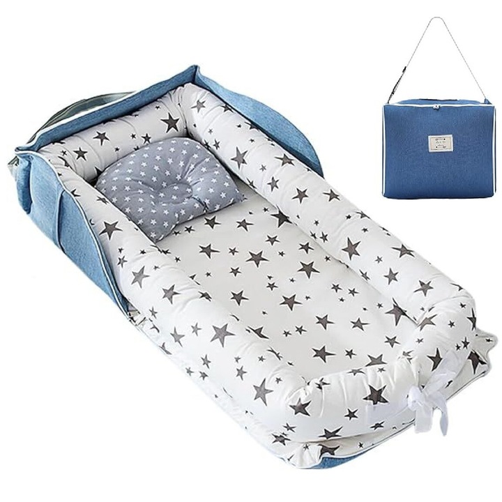 Patut portabil pentru bebelusi, cuib bebe baby nest, 85x50cm, bumbac, geanta transport, stelute
