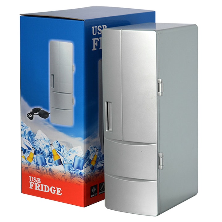 Frigider Mini USB, 85x127x250mm, functie duala, argintiu, set de utilizare usoara