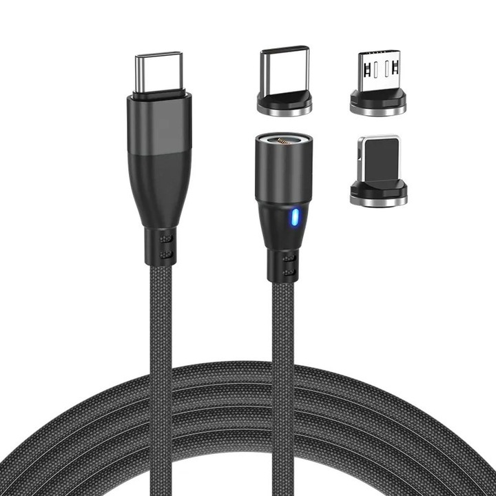 Gyorstöltés USB-C kábel 60W 12V 5A, 9 tűs, Mágneses 3 az 1-ben, 360 fokos forgatás, Lightning típusú, Type-C, Micro-USB RikBo® kompatibilis iPhone Android, LED kijelző, adatátvitel, Hossz 2 méter, Fekete