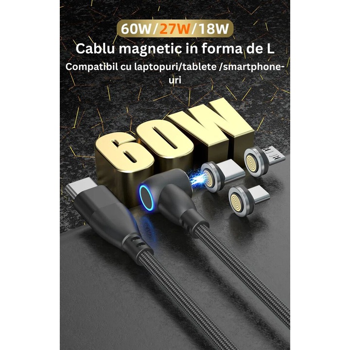 Cablu USB-C incarcator magnetic Fast Charge 60W, 12V 5A, 9 pini, 3 in 1, 90 grade, tip Lightning, Type-C, Micro-USB RikBo® compatibil Iphone Android, Indicator LED, transfer de date, 2 metri, Negru