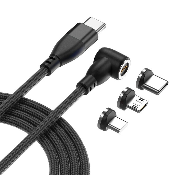 Mágneses USB-C töltőkábel Gyorstöltés 60W, 12V 5A, 9 tűs, 3 az 1-ben, 90 fok, Lightning típusú, Type-C, Micro-USB RikBo® kompatibilis iPhone Android, LED kijelző, adatátvitel, 2 méter, Fekete