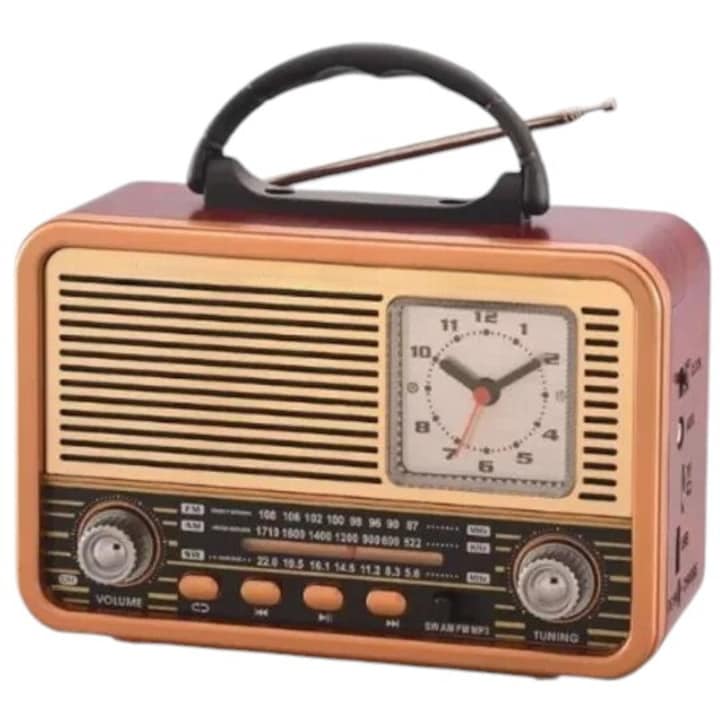 Ретро преносимо радио с вътрешна батерия и батерии Bluethoot/USB/TF/AUX 8W 1200mAh с аналогов часовник, за природни бедствия, риболов, къмпинг