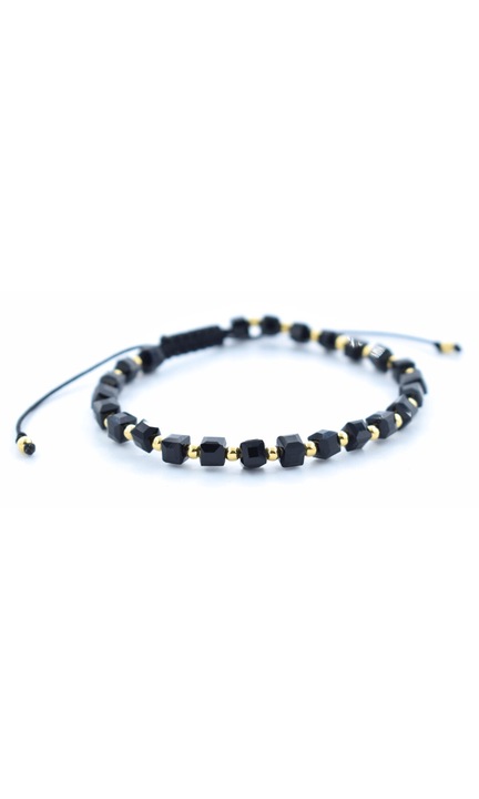 Bratara reglabila cu bile Argint 925 placat aur si pietre semipretioase cristal sticla, cub negru de 4mm