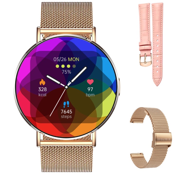 Дамски смарт часовник Evolve-x® EvoWatch10 PRO, Bluetooth обаждания и известия, Мониторинг на пулса, Сън, Ниво на кислород, Кръвно налягане и калории, Спортни режими, съвместим с iOS и Android, Тънък дизайн, каишка от метал и кожа, златист