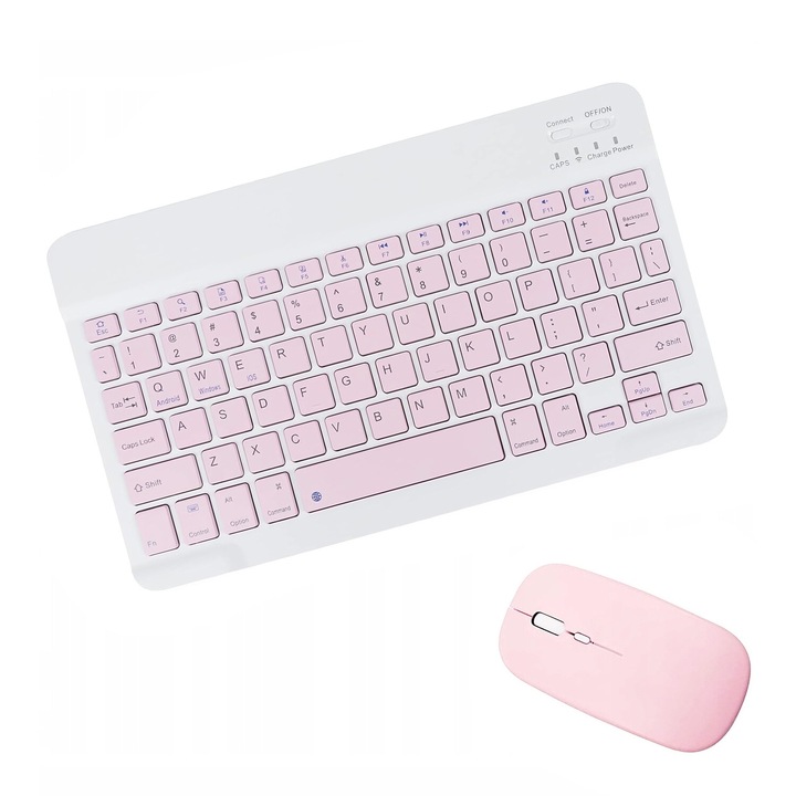 Комплект клавиатура и мишка, Novaza Tech, ергономична мишка, тънка клавиатура, Клавиатура: 245 x 150 x 7 mm, Мишка: 112 x 58 x 22 mm, розова