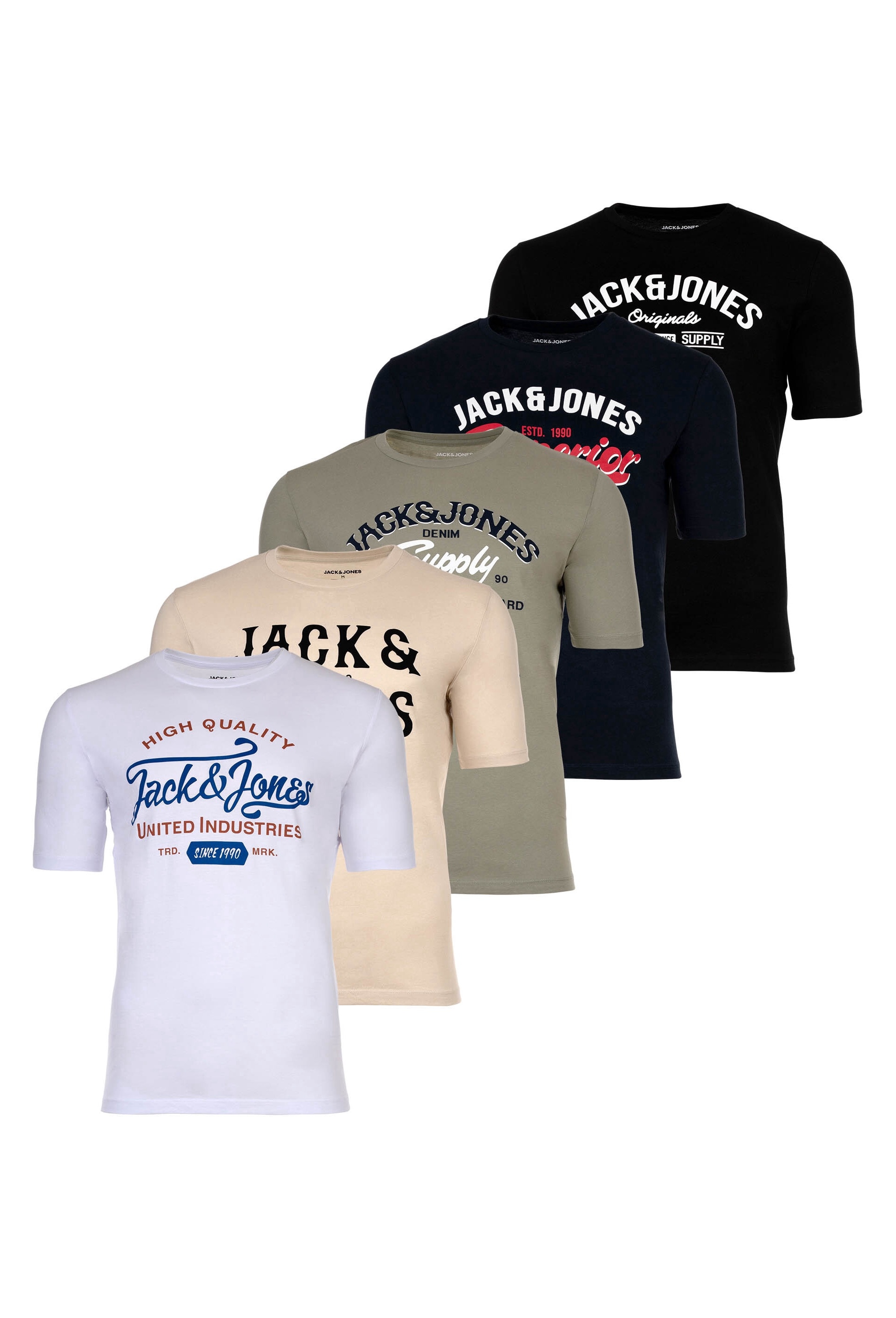 Jack & Jones, Set de tricouri cu imprimeu logo Leogra - 5 piese, Alb, Verde, Albastru, M