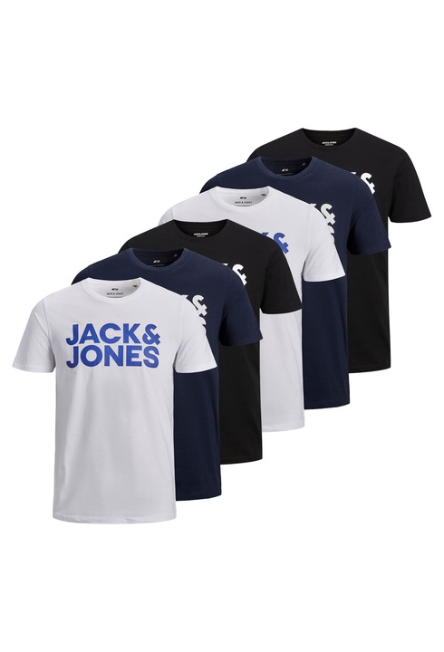 Jack & Jones, Set de tricouri de bumbac cu logo JJECORP - 6 piese, Negru stins/Alb murdar/Bleumarin