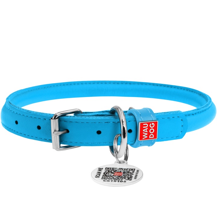 Kutya nyakörv, WAUDOG, Glamour, valódi bőr, kerek, QR útlevéllel, kék, L, 45-53 cm, 13 mm