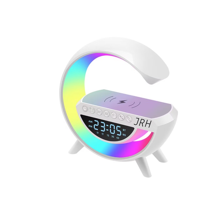Lampa decorativa multifunctionala cu incarcare wireless 16W, ceas, alarma si boxa bluetooth JRH, lumina ambientala multicolora, jocuri de lumini, incarcare USB, slot card TF, mufa AUX 3.5mm, alb G