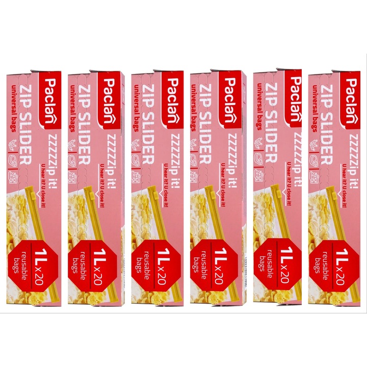 Set 6 x Pungi alimentare cu inchidere cu fermoar Paclan Zip Universal Slider 1l 20buc