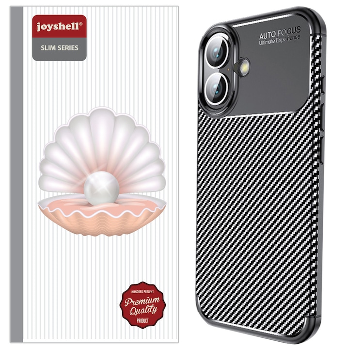 Husa de silicon TPU compatibila cu iPhone 16, Carbon Design Autofocus, Ultra Protect, Anti-Soc / Negru
