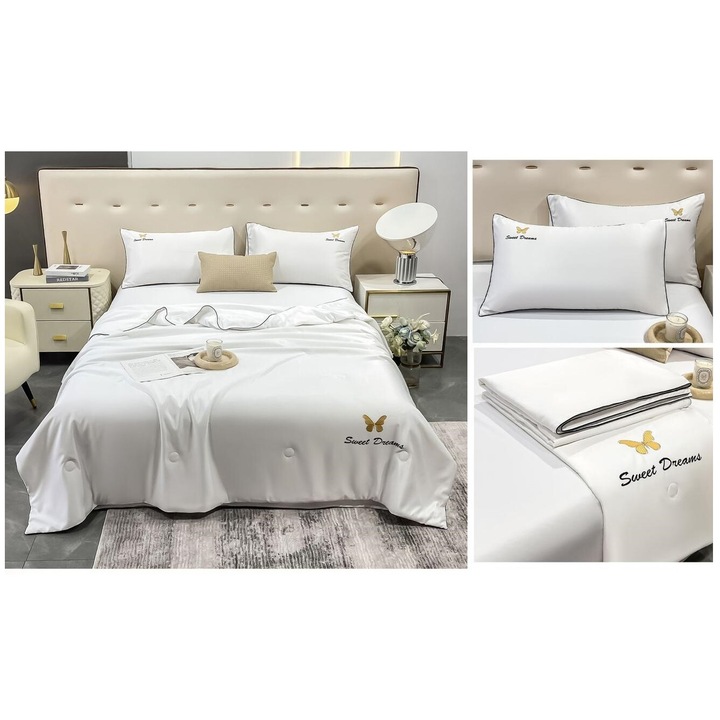 Lenjerie de pat dublu Eleganta de LUX, 4 piese, cu Pilota cu Matase tip cuvertura 200x230 cm, Cearceaf de pat 240x245 cm, 2 fete de perna 45x75 cm, alb fildes