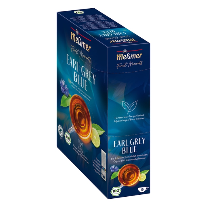 Ceai Organic Messmer Finest Moments, Ceai Negru Earl Grey Blue Flower cu bergamota, 15 x 2.5gr