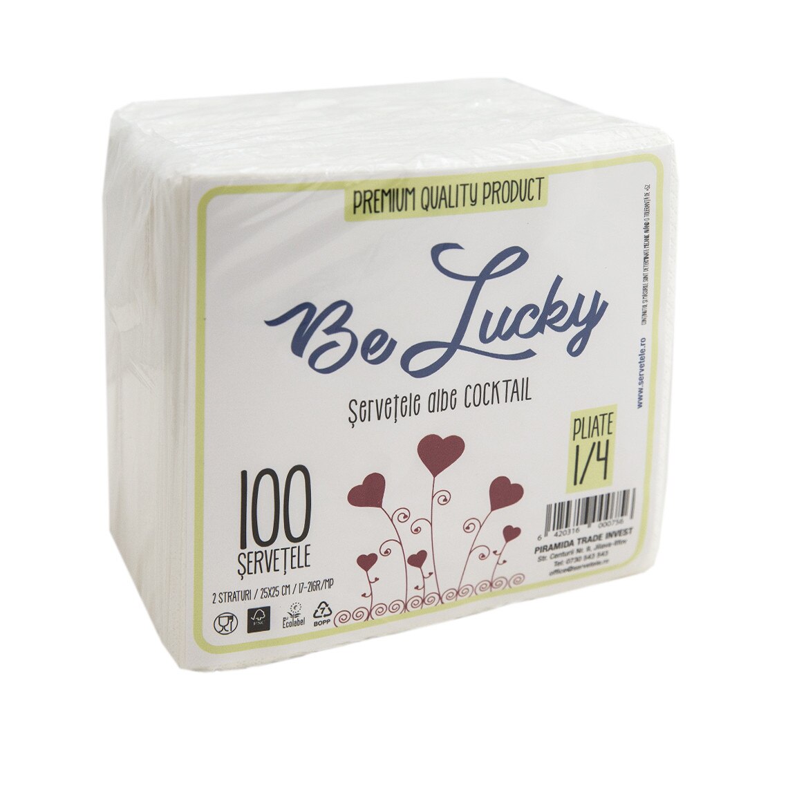 Servetele albe Cocktail , 25 cm - 2 straturi, patrate, 100 buc/pac , Gama Be Lucky.