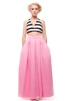 Fusta lunga, din bumbac satinat cu pliuri si buzunare, DyStyle, Roz Fusta lunga, din bumbac satinat cu pliuri si buzunare, DyStyle, Roz