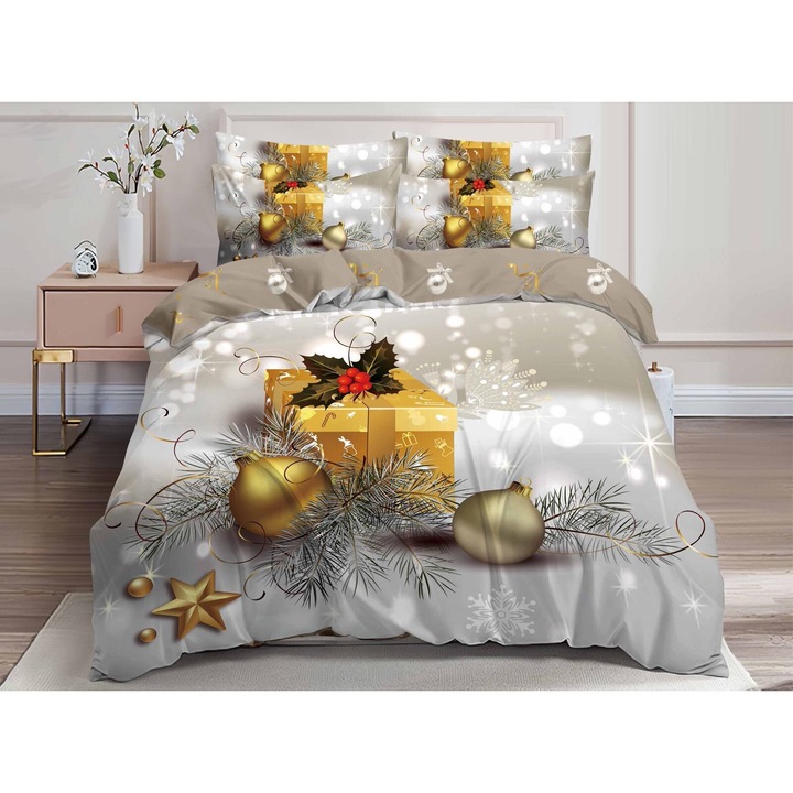 Set Lenjerie de pat dublu, model Craciun 3D, 6 piese, Bumbac Finet, Cearceaf de pat 240X250 cm, Cearceaf pilota 200x230 cm, 2 fete de perna 70x70 cm, 2 fete de perna 55x75 cm, cu imprimeu Globuri, gri deschis-auriu