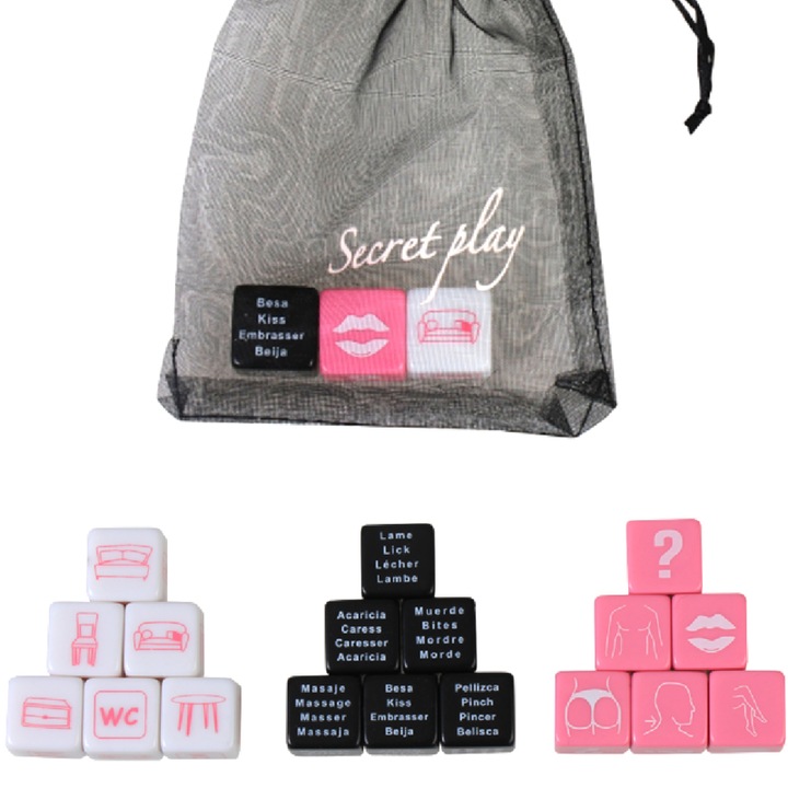 Joc erotic Secret Play - Set 3 zaruri, negru, roz, alb, 16mm