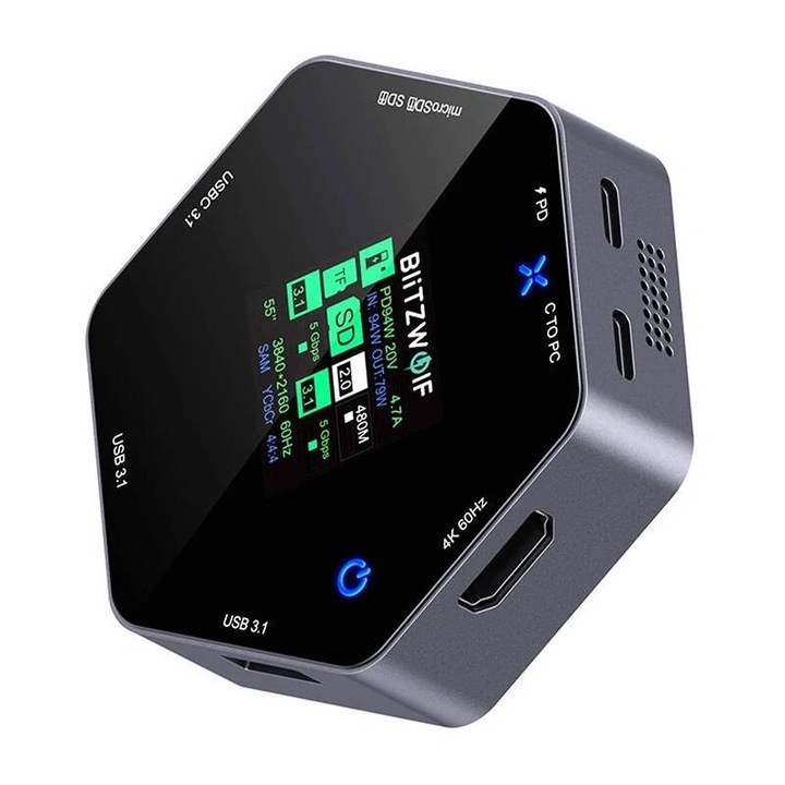 BlitzWolf BW-TH16 8in1 докинг станция, USB-C 3.1, HDMI 4K, ефективно охлаждане, 82x72x22mm