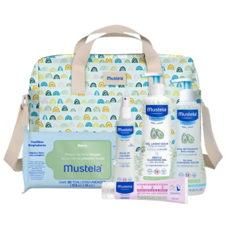 Подаръчен комплект, Mustela Little Moments, почистващ гел, хидратиращо мляко, одеколон, многоцветен