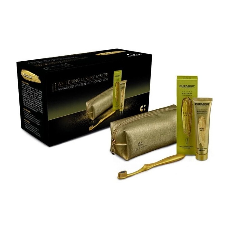 Комплект избелваща паста + четка за зъби, Curasept, колоидно злато, 75 ml