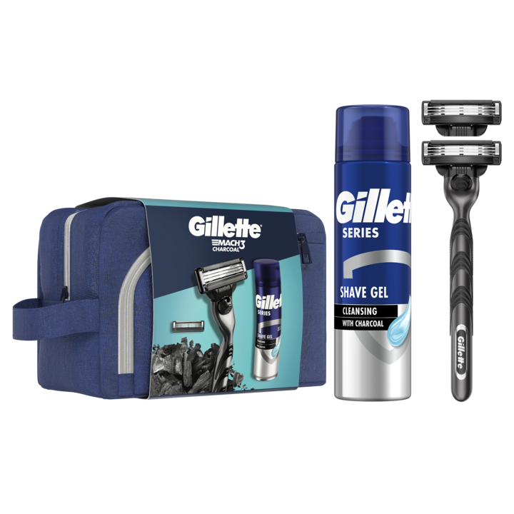 Set cadou Gillette Mach3: Aparat de ras + 1 Lama de rezerva + Gel de ras cu efect calmant, 75 ml + Gentuta voiaj