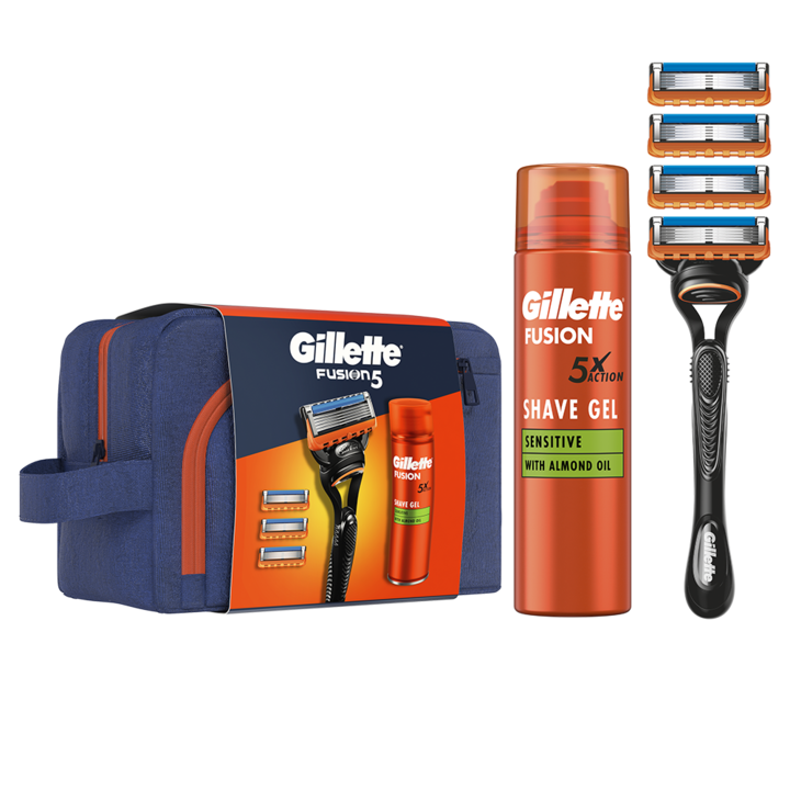 Set cadou Gillette Fusion: Aparat de ras, maner + 3 rezerve + Gel de ras Fusion Ultra Sensitive, 200 ml + Gentuta voiaj