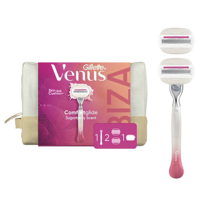 Set Cadou Gillette Venus Sugarberry: Aparat de ras, maner + 2 rezerve si gentuta de voiaj