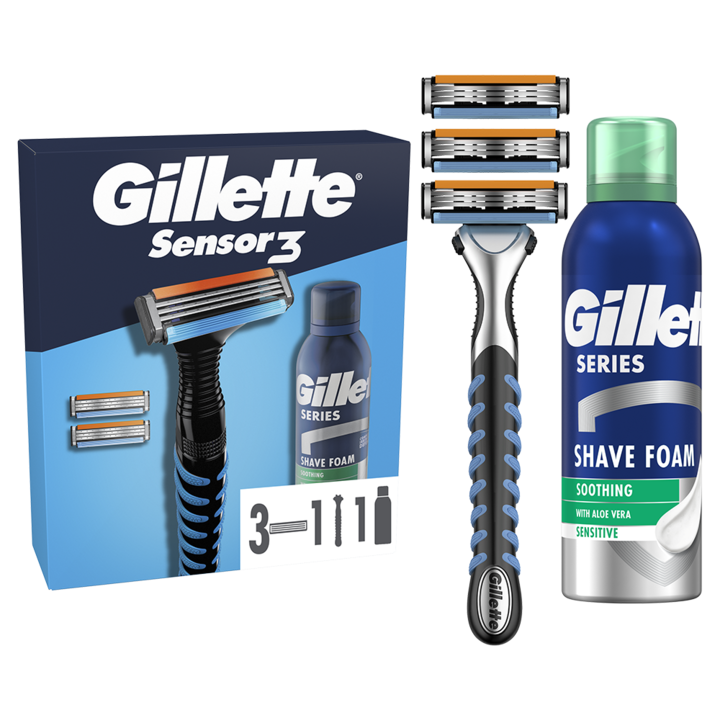 Подаръчен комплект Gillette Sensor3: Самобръсначка с 3 резервни ножчета и Пяна за бръснене, 200 ml