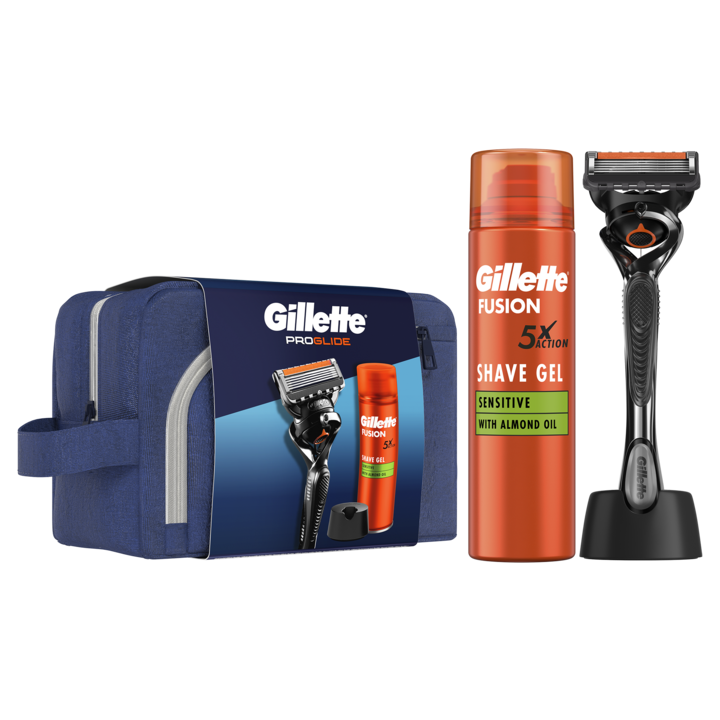 Комплект Gillette Proglide: Самобръсначка + Гел за бръснене Fusion Ultra Sensitive, 200 мл + Поставка + Пътна чанта