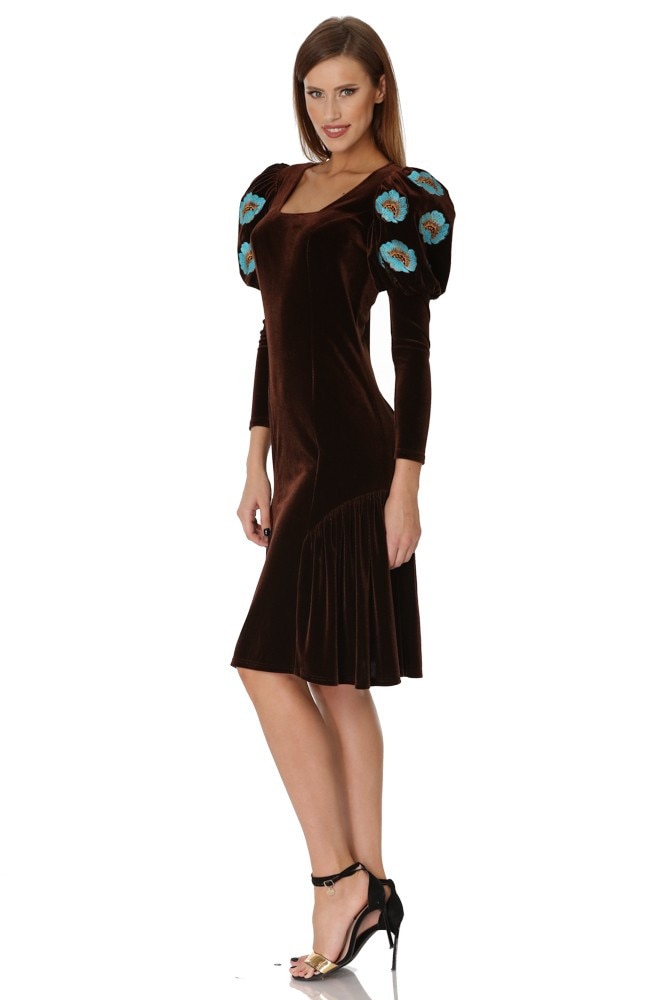 Rochie catifea maro cu broderie Liza Panait T-47E