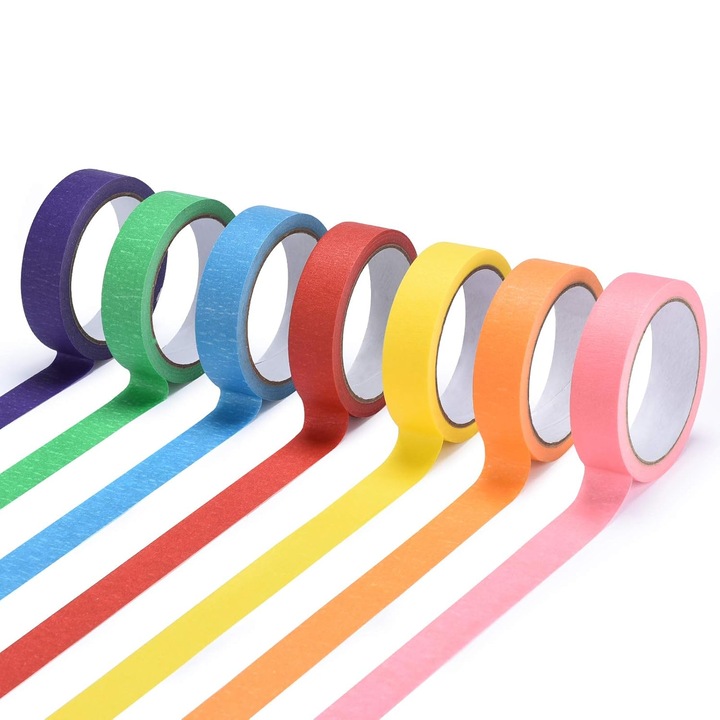 Set 7 benzi adezive colorate Enforose, 2.54 cm x 20 m, reutilizabile, pentru craft, etichetare si decorare