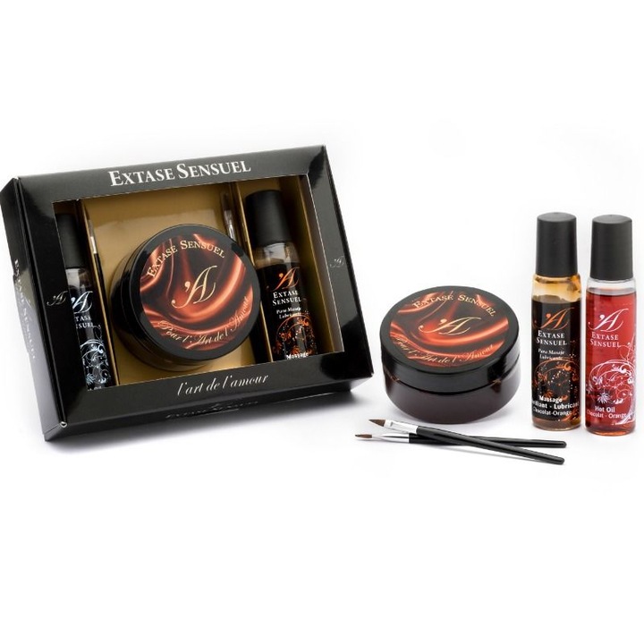 Kit senzual exclusiv Chocolat Afrodisiac, lubrifiant masaj 30ml, ulei cald Chocolate-Orange, 50ml vopsea feromon, 2 pensule