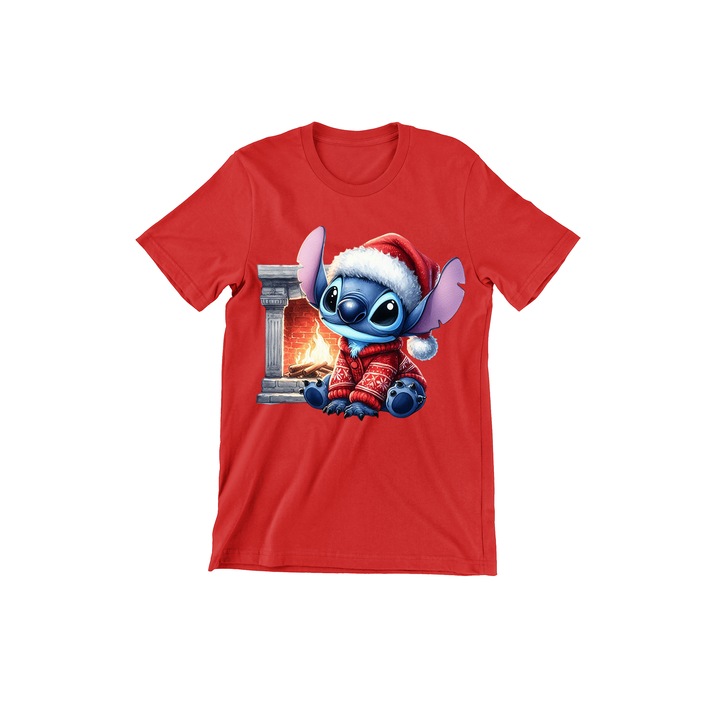 Tricou Barbati, Lilo and Stitch de Craciun, Stitch and Christmas fire, rosu, 2XL