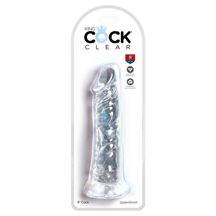 Dildo transparent King Cock Clear, 21,8cm, cu prindere prin ventuza, natural, TPE