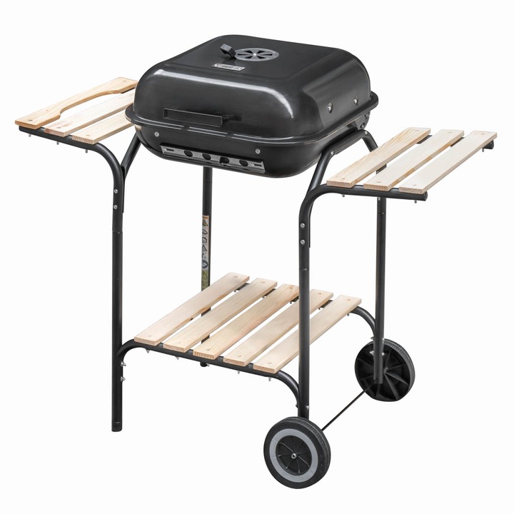 Gratar gradina Mega-M, 43x40cm, cu capac si gratar din otel cromat, mobil, cu 2 rafturi laterale