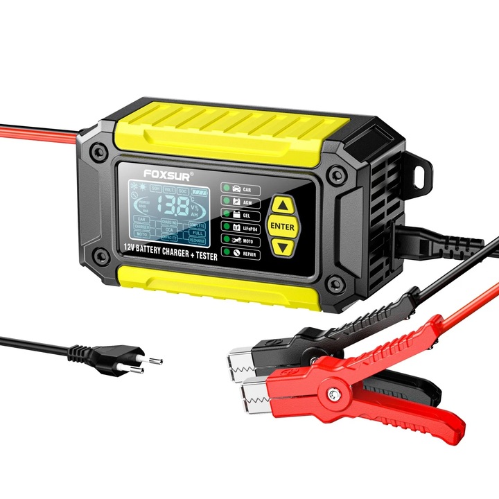 Incarcator si Tester Baterie FOXSUR FTC-1206 2-in-1, 12V/6A – Redresor Inteligent pentru Baterii Auto si Moto cu Functii Desulfatare, Reparare prin Impulsuri, Galben/Negru