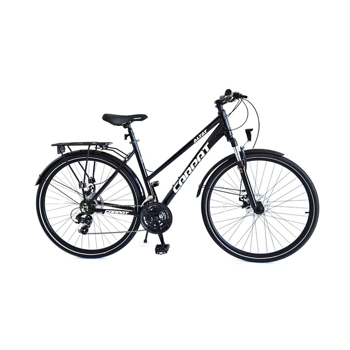Велосипед, Трекинг, с 28" колела, предно окачване, секвенциални лостове Shimano, оборудване Shimano, DISC спирачки, 21 скорости, черен/сив, City Bike Carpat Altay с алуминиева рамка и интегрирани кабели