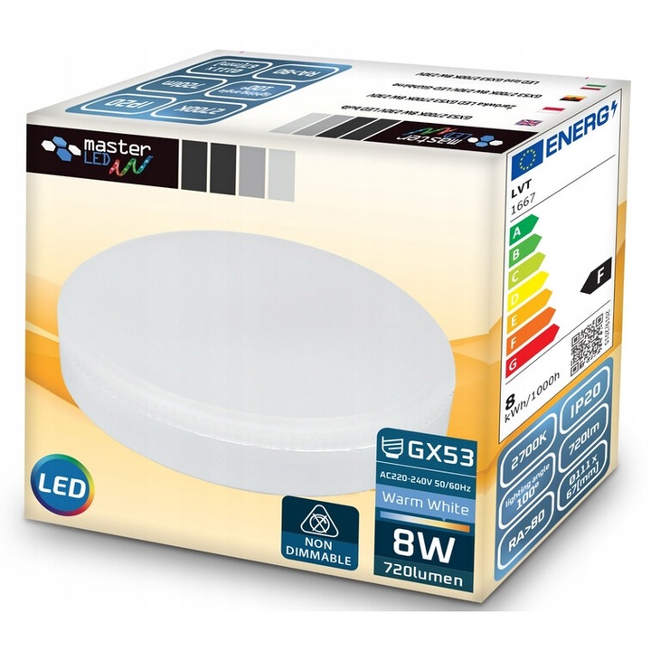 Bec LED Gx53 MasterLED 8W 720lm 2700K, dimensiuni 7,3x2,9cm, alb cald