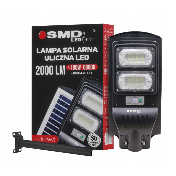 LED solar lamp 100W, 6000K, 2000lm, 10000 mAh batterys, senzor de miscare si senzor crepuscular, programe automate, telecomanda si suport metalic 50cm inclus, dimensiuni 48x22x6 cm