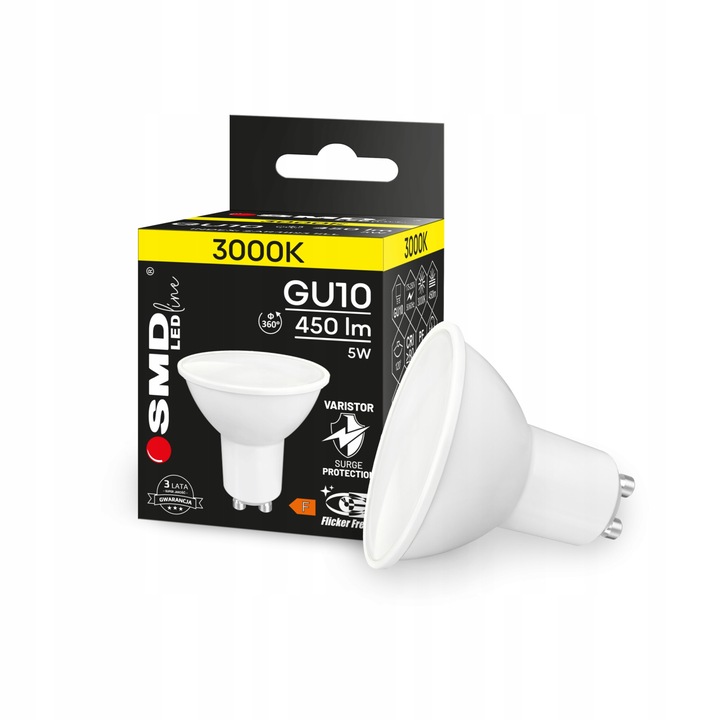 Bec LED GU10 SMD LEDLINE 5W, alb cald, 450lm, cu protectie impotriva supratensiunilor, dimensiuni 50x55mm