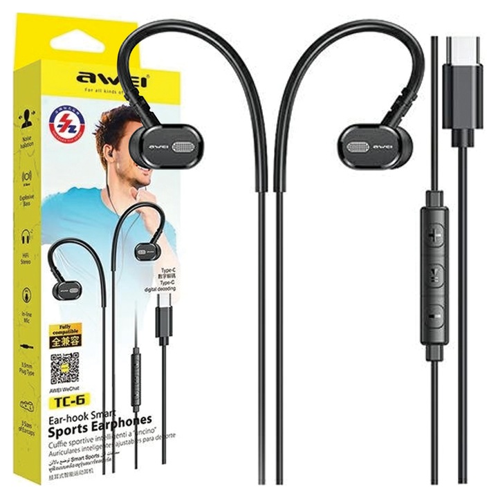 Casti Awei TC-6 USB-C, sunet clar, design ergonomic, negru