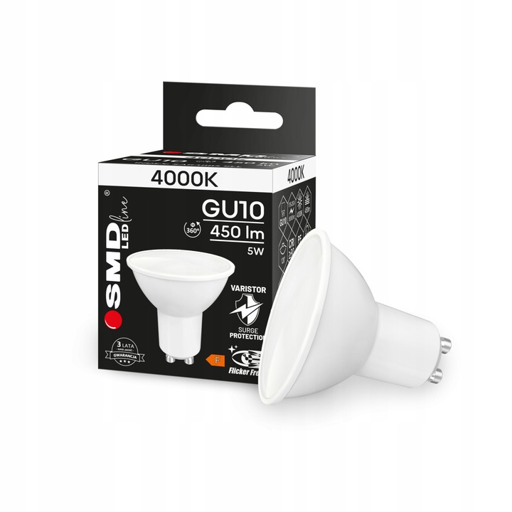 Bec LED GU10 SMD LEDline 5W, 450lm, alb neutral, 50x55mm, cu warystor
