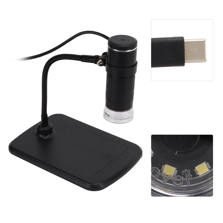 AN104 електрически микроскоп, 50-1000x, 8 светодиода, ABS, комплект с 2 почистващи кърпички