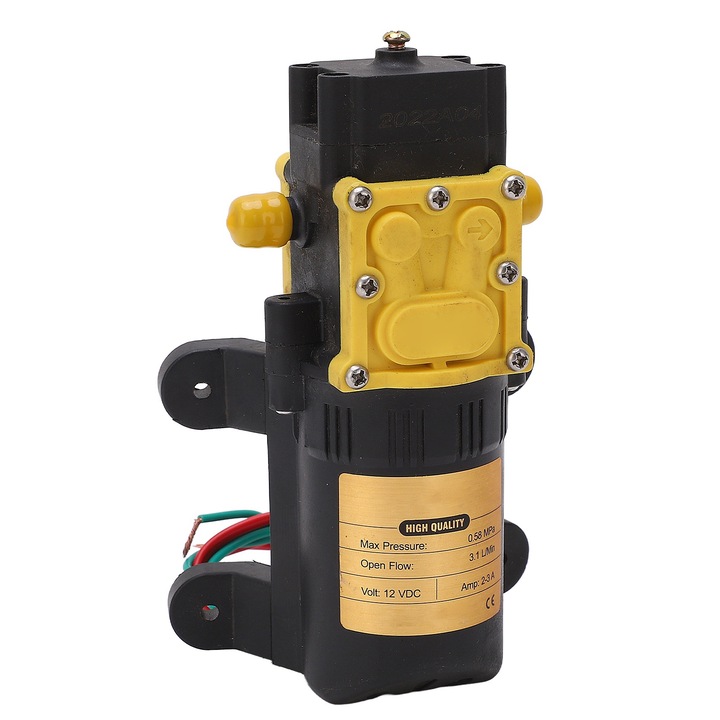 Jormftte elektromos membránszivattyú, 12V, 2-3A, 3.1L/perc, maximális nyomás 0.58Mpa, forgási sebesség 2800r/perc