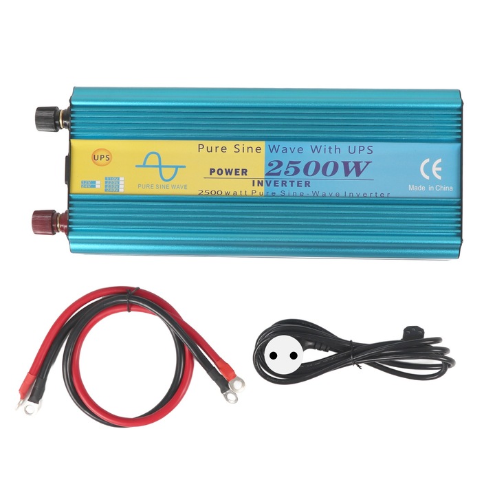 Tiszta szinuszos UPS teljesítményinverter DC-ről AC-re, LED kijelző, 5V 2.1A USB port autós készülékekhez, EU csatlakozó AC 230V