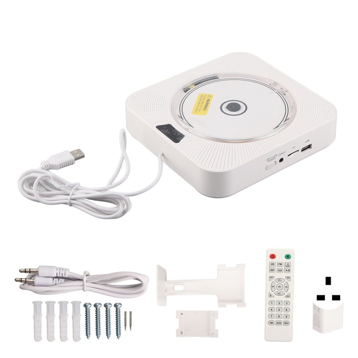 Bluetooth falra szerelhető CD lejátszó, Mmgoqqt, támogatja a CD, MP3, 8W, fehér, 100-240V