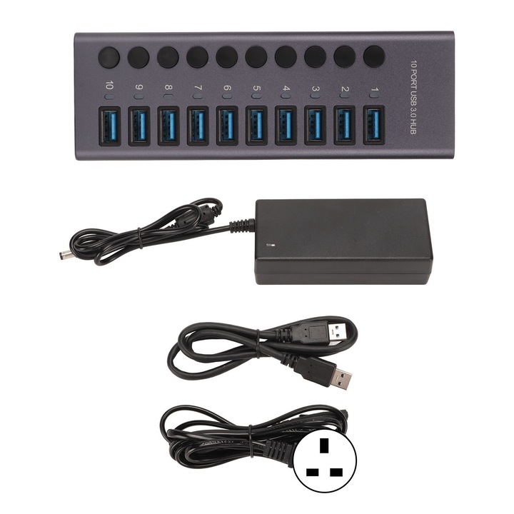 10-портов USB 3.0 хъб, Mmgoqqt, алуминий, сив, 100-240V
