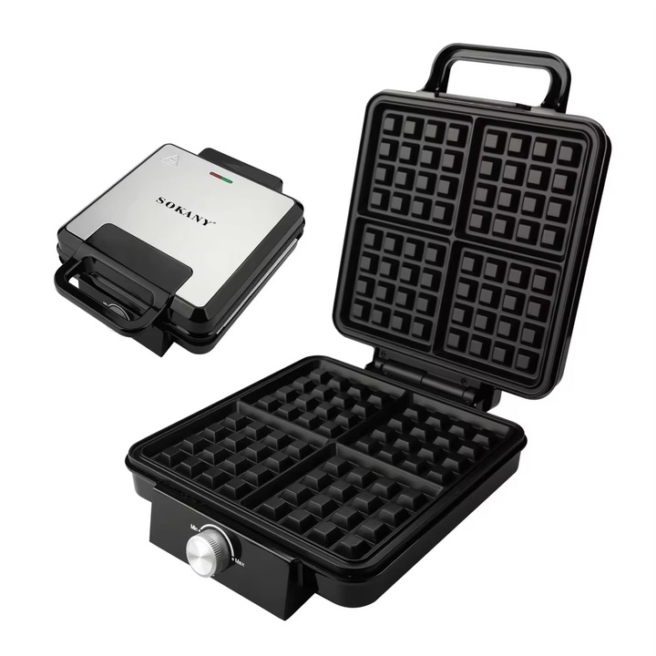Aparat pentru preparat vafe gofre belgiene Sokany 1500W, Sandwich Maker si Panini Grill, Placi antiaderente dublu incalzite, Termostat reglabil, Capacitate 4 vafe, Negru