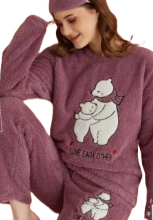 Pijama pufoasa cocolino dama, moale si calduroasa, imprimeu Ursuleti, Mov, L