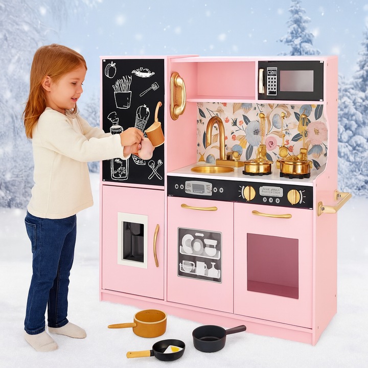 Bucatarie din Lemn Multifunctionala idealSTORE, Dimensiuni 80 x 24 x 80 cm, Include 11 Accesorii Detasabile, Accesorizat cu Frigider, Cuptor, Masina de Gheata, Cuptor cu Microunde si Masina de Spalat Vase, Tabla de Scris, Chiuveta, Design Realist